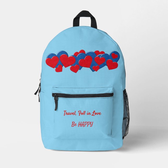 Red and Blue Love Hearts on light blue background Printed Backpack (Front)