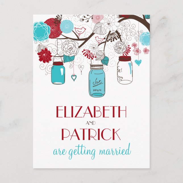 Red and Blue Mason Jars Save the Date Postcard (Front)