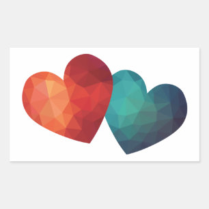 Red and blue modern origami love couple 3d hearts rectangular sticker