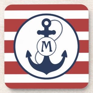 Red and Blue Nautical Anchor Monogram Coaster