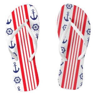 Red and Blue Nautical Anchors and Ships Wheel Flip Flops