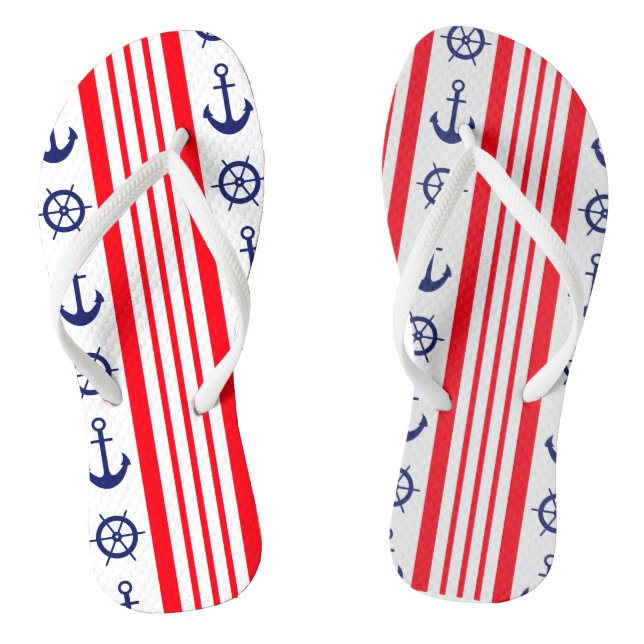 Red and Blue Nautical Anchors and Ships Wheel Flip Flops (Footbed)