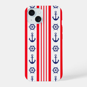 Red and Blue Nautical Anchors and Ships Wheel iPhone 15 Case