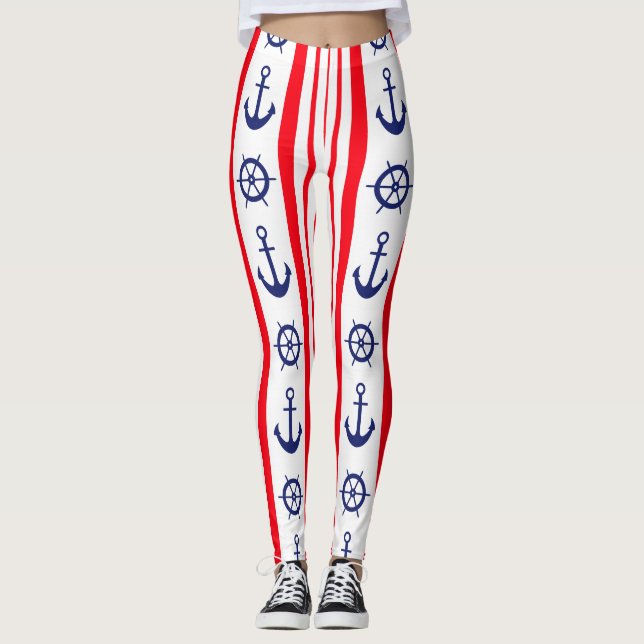 Red and Blue Nautical Anchors and Ships Wheel Leggings (Front)