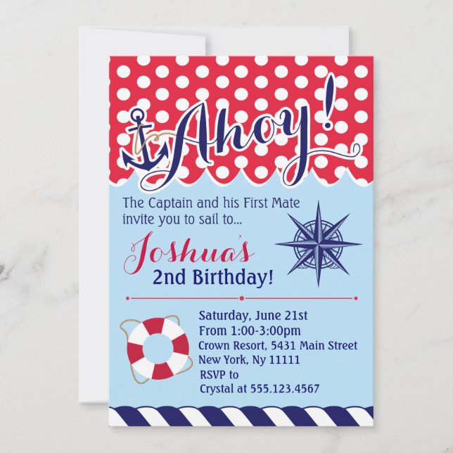 Red and Blue Nautical Birthday Invitation (Front)