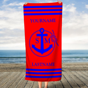 Red and Blue Nautical Rope and Anchor Beach Towel
