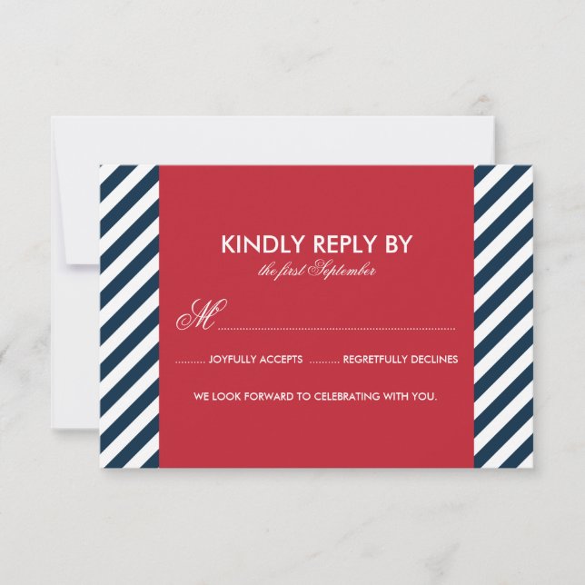 Red and Blue Nautical Stripes Wedding RSVP Card (Front)