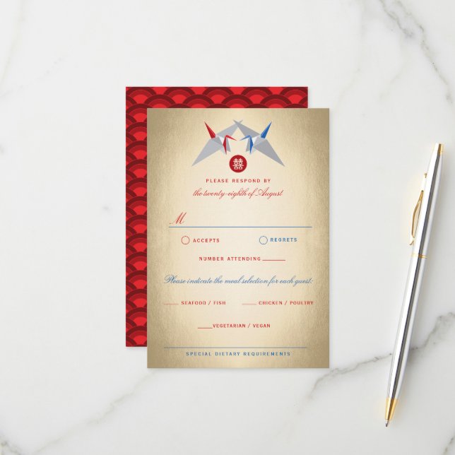 Red And Blue Origami Paper Cranes Asian Wedding RSVP Card (Front/Back In Situ)