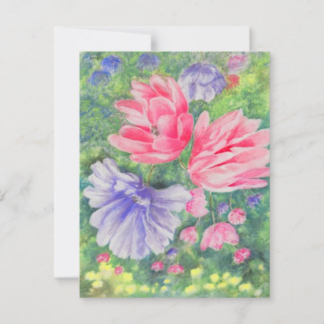 Red and Blue pastel Garden blooms yellow accents Card (Front)
