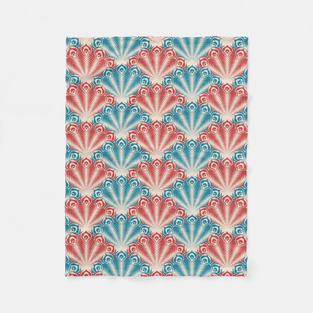 Red and Blue Peacock Tail Pattern Fleece Blanket (Front)