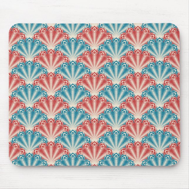 Red and Blue Peacock Tail Pattern Mouse Mat (Front)