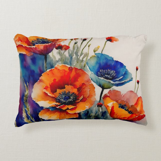Red and Blue Poppies Decorative Cushion (Front)