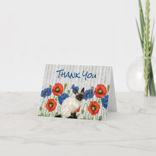 Red and Blue Poppies with Siamese Cat Thank You Card