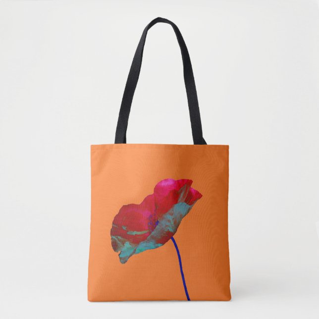 Red and blue poppy flower art print on orange tote bag (Front)