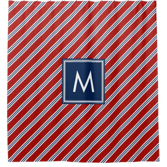 Red and Blue Preppy Stripes Shower Curtain (Front)