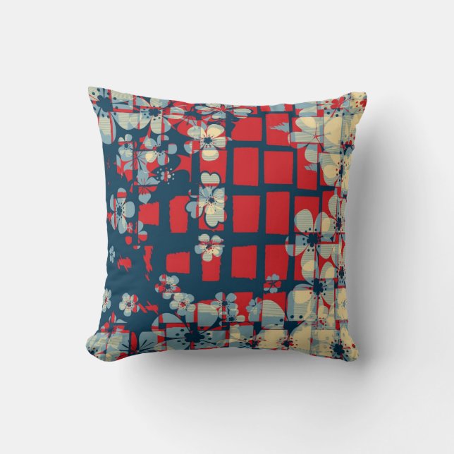 Red and blue retro floral pattern cushion (Front)