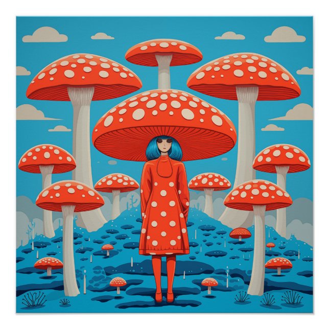 Red and Blue Retro Psychedelic Mushroom Poster (Front)