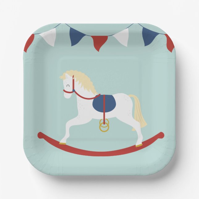 Red and Blue Rocking Horse Paper Plate (Front)