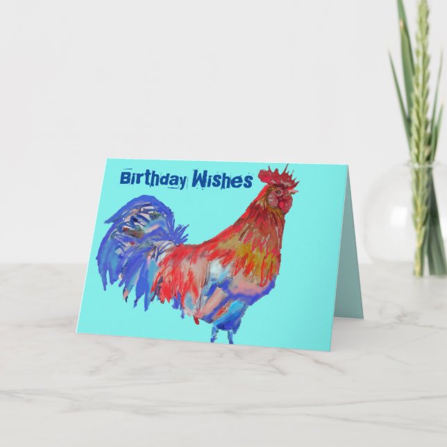 Red and Blue Rooster Watercolor Card Aqua Cockerel (Front)