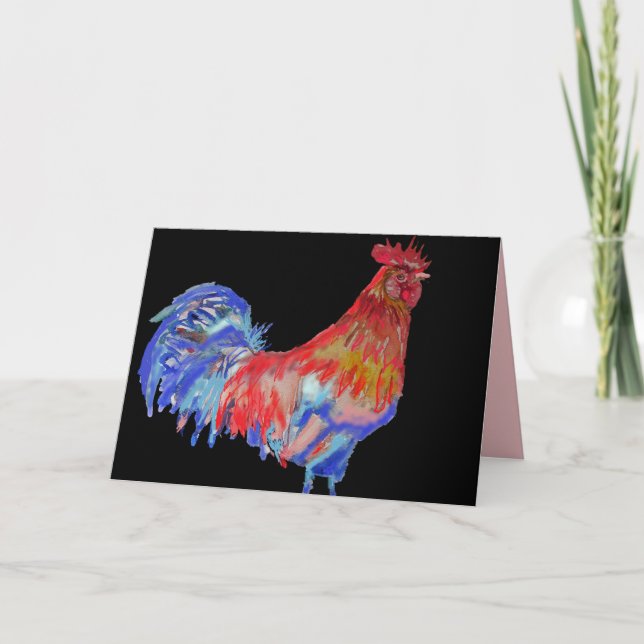 Red and Blue Rooster Watercolor Card Black (Front)