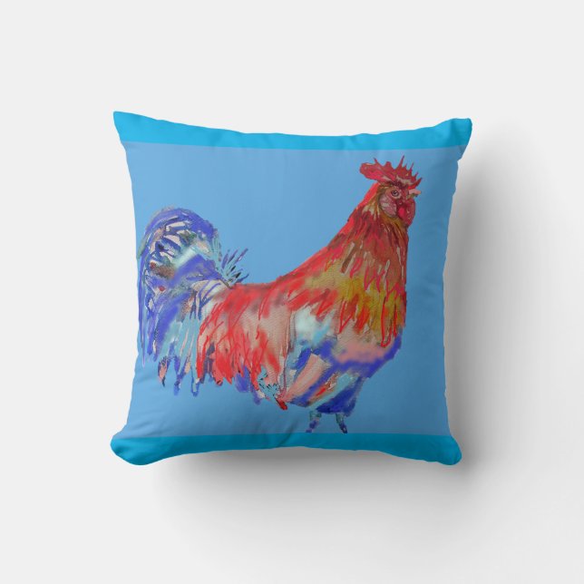 Red and Blue Rooster Watercolor Cushion (Front)