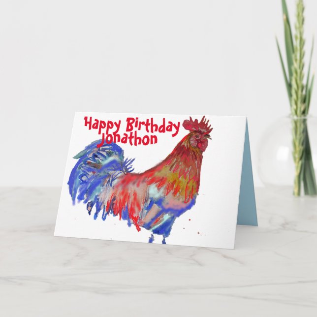 Red and Blue Rooster Watercolour Chicken Mens Name Card (Front)