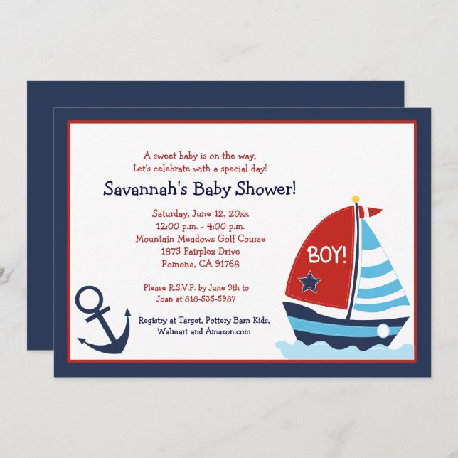 Red and Blue Sailboat 5x7 Baby Shower Invitation (Front/Back)