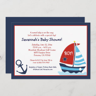 Red and Blue Sailboat 5x7 Baby Shower Invitation