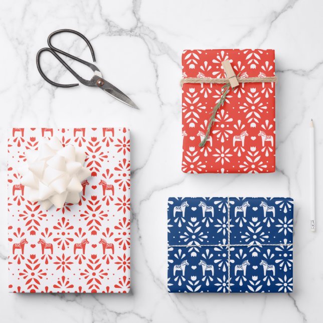 Red and Blue Scandinavian Dala Horse Holiday Wrapping Paper Sheet (Front)