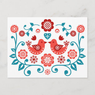 red and blue Scandinavian folk art pattern Postcard