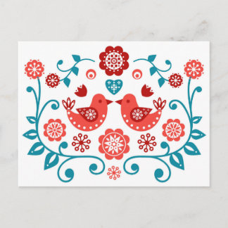 red and blue Scandinavian folk art pattern Postcard