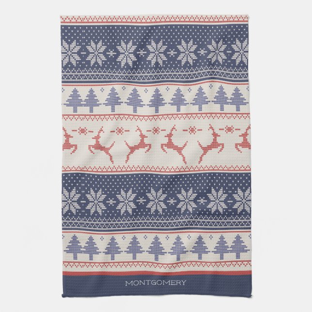 Red and Blue Scandinavian Pattern Custom  Tea Towel (Vertical)