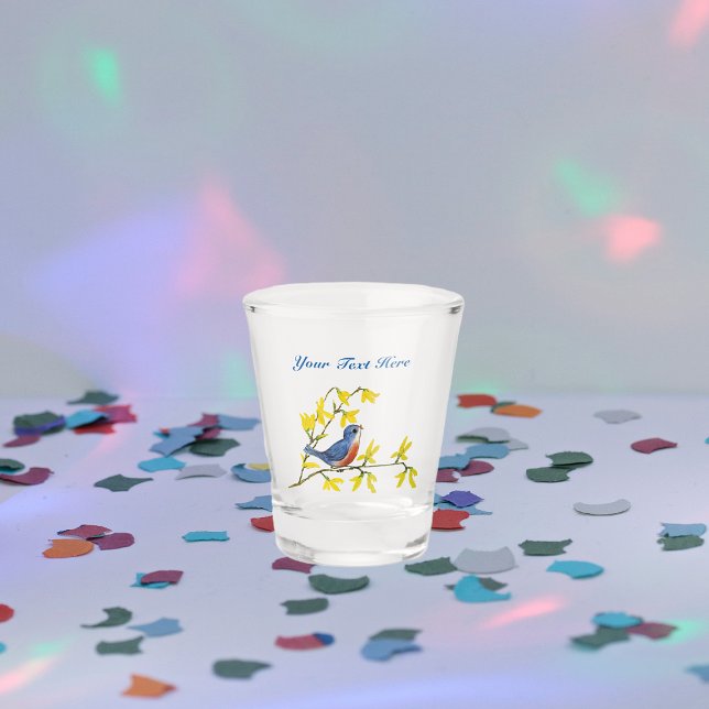 Red and Blue Singing Bird on Branch Yellow Flowers Shot Glass (Singing blue and red bird on branch vibrant yellow spring time flowers on shot glass.)