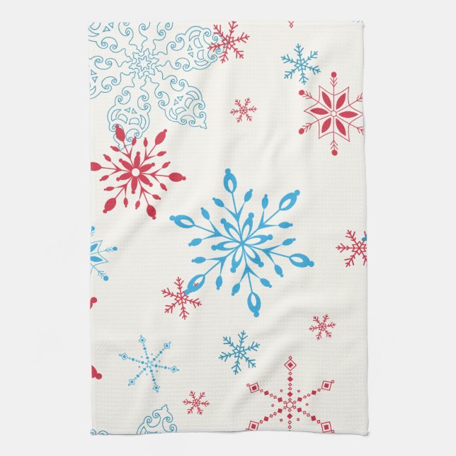 Red and Blue Snowflakes on a white background Tea Towel (Vertical)