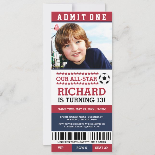 Red and Blue Soccer Ticket Birthday Invites (Front)