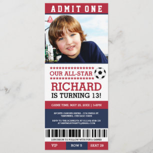 Red and Blue Soccer Ticket Birthday Invites