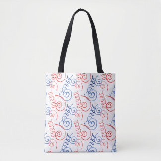 Red and Blue Spiral Tote Bag with Black Handles