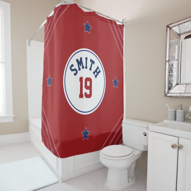 Red and Blue Sport Theme Shower Curtain (In Situ)