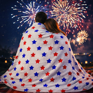 Red and Blue Star Pattern on White Background Fleece Blanket