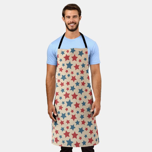 Red and Blue Stars, 4th of July, Beige Background Apron (Worn)
