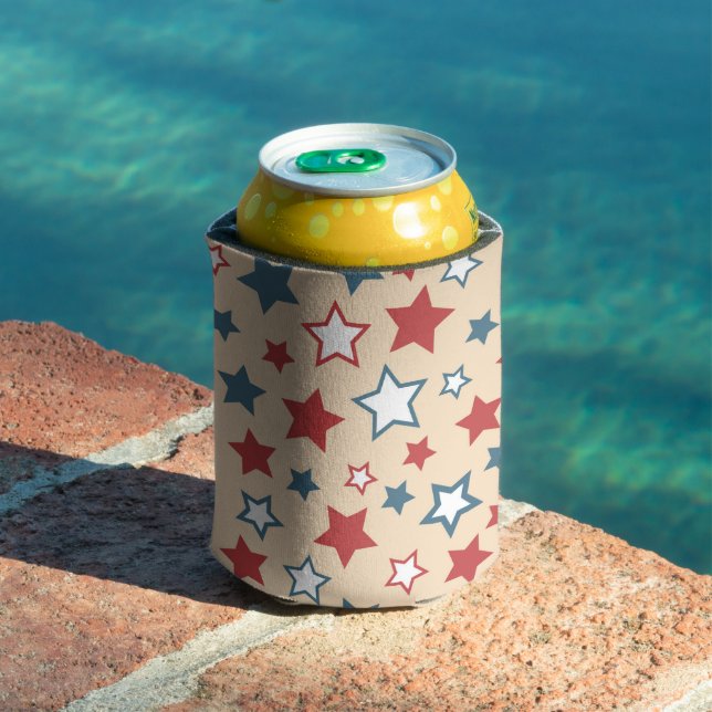 Red and Blue Stars, 4th of July, Beige Background Can Cooler (In Situ Pool)