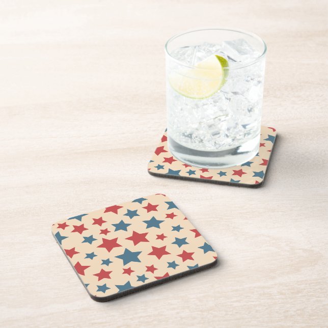 Red and Blue Stars, 4th of July, Beige Background Coaster (Right Side)