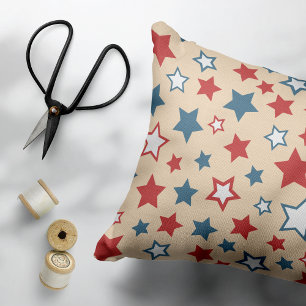 Red and Blue Stars, 4th of July, Beige Background Decorative Cushion