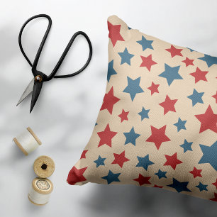 Red and Blue Stars, 4th of July, Beige Background Decorative Cushion