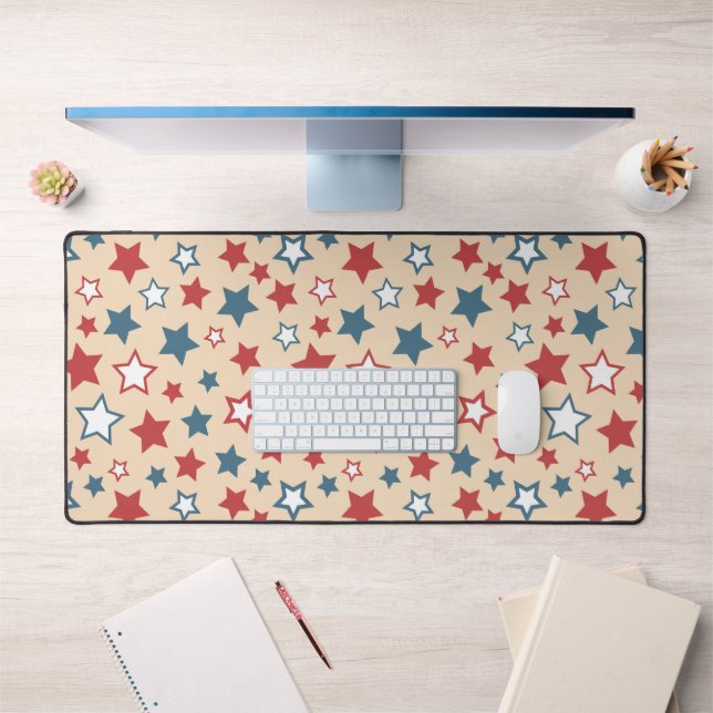 Red and Blue Stars, 4th of July, Beige Background Desk Mat (Office 1)