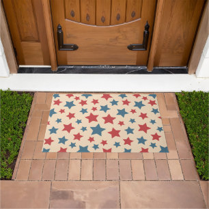Red and Blue Stars, 4th of July, Beige Background Doormat
