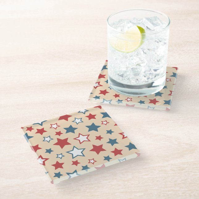 Red and Blue Stars, 4th of July, Beige Background Glass Coaster (Angled)