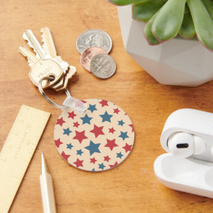 Red and Blue Stars, 4th of July, Beige Background Key Ring