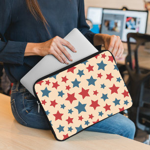 Red and Blue Stars, 4th of July, Beige Background Laptop Sleeve