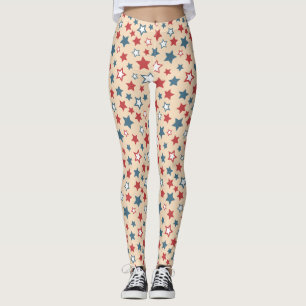Red and Blue Stars, 4th of July, Beige Background Leggings